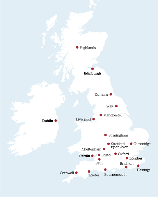 イギリス全土とアイルランドの地図(ホームチューターを手配できる地域)